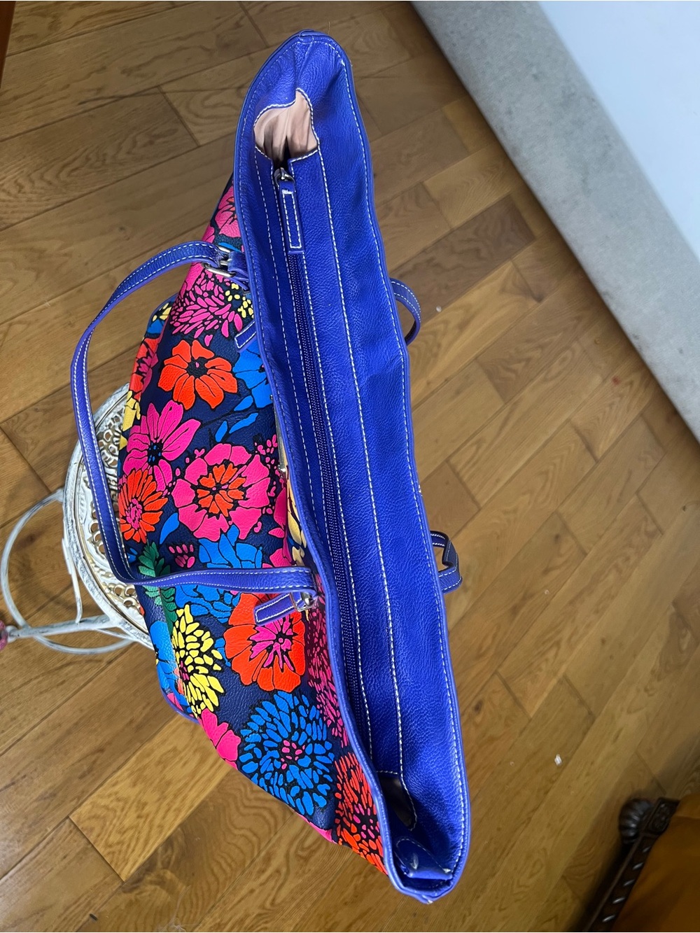 Nine West Navy Floral Tote with Bright Multicolor Blooms - Picture 8 of 10